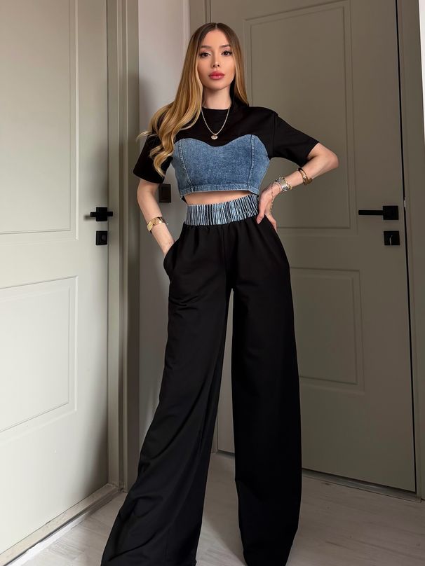 Women's Casual Denim Patchwork Sports Pants Set Two-Piece Outfit Fashion Spring/Summer Seasonal Clothing_ecoleips.com