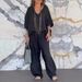 Women's Clothing Casual V Neck Loose Pocket Mid Sleeve Cotton Linen Suit_ecoleips.com
