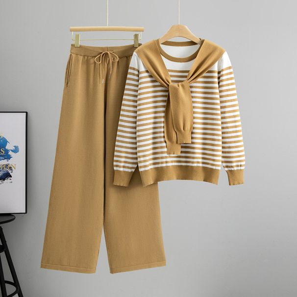 New Temperament Fashion Xiaoxiang Style Professional Knitted Suit Women's Striped Sweater Wide Leg Pants Two Piece Suit_ecoleips.com