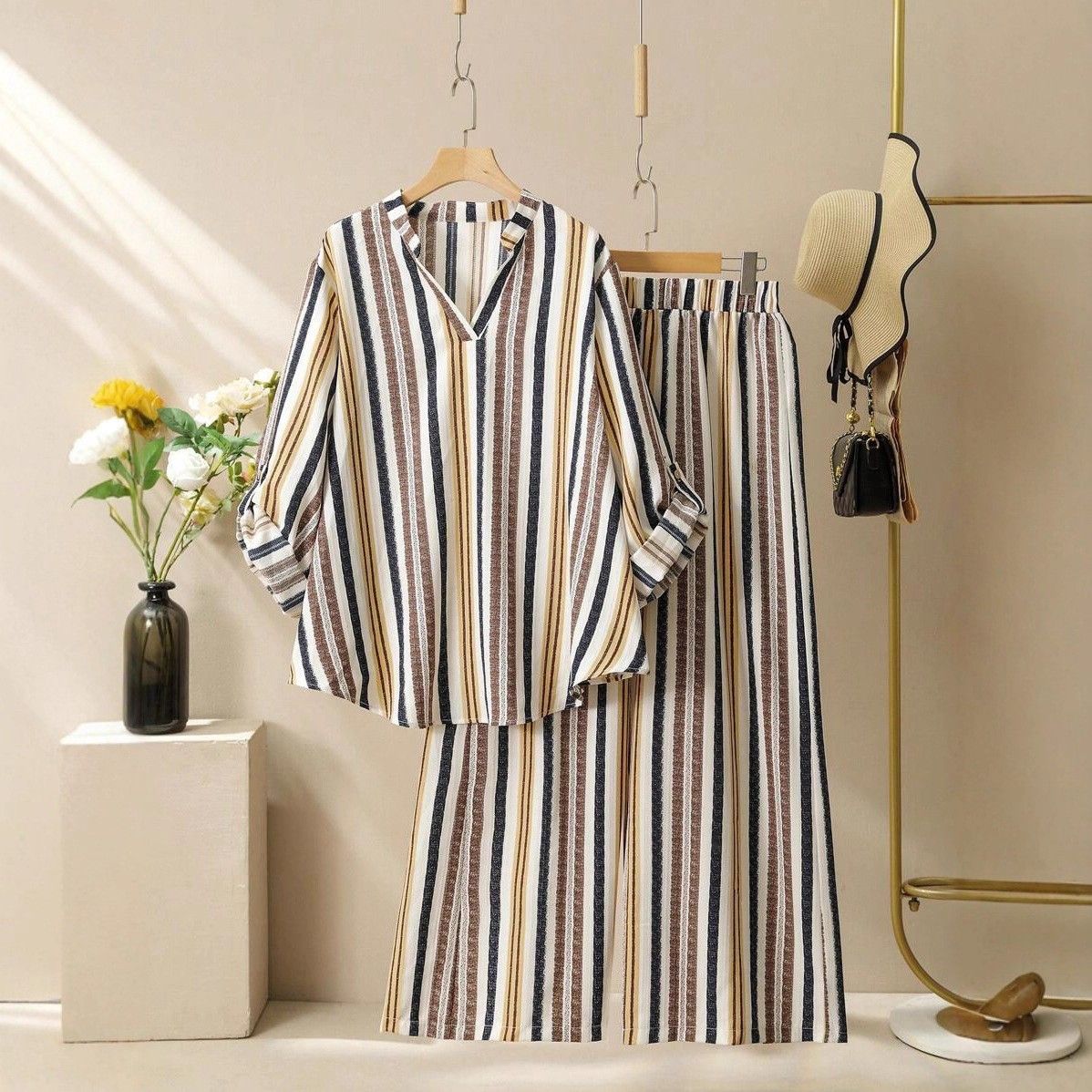 Women's Clothing Women's Striped Print V-Neck Top & Lounge Pants Set – Trendy Fall/Winter Outfit_ecoleips.com