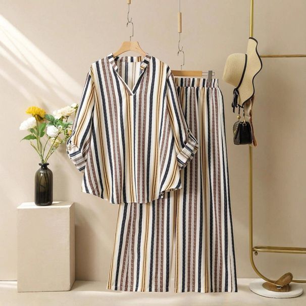 Women's Clothing Women's Striped Print V-Neck Top & Lounge Pants Set – Trendy Fall/Winter Outfit_ecoleips.com