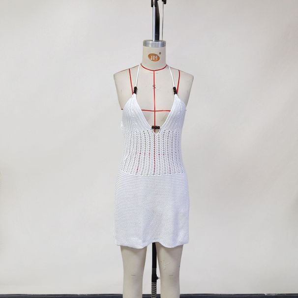 Women's Clothing Sexy Hollow V Neck Halter Neck Strap Knitted Beach Skirt Backless High End Female_ecoleips.com