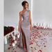 Women's Clothing One Shoulder Gathered Slit Sexy Satin Dress Summer Temperament Slim Solid Color Long_ecoleips.com