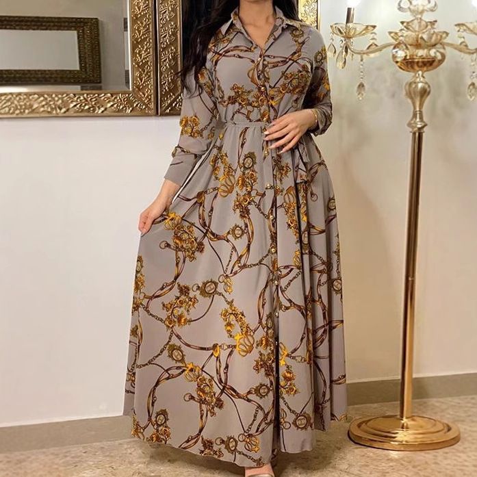 Ethnic-Inspired Floral Print Belted Dress With Gold-Toned Chains – Timeless Elegance For Women_ecoleips.com