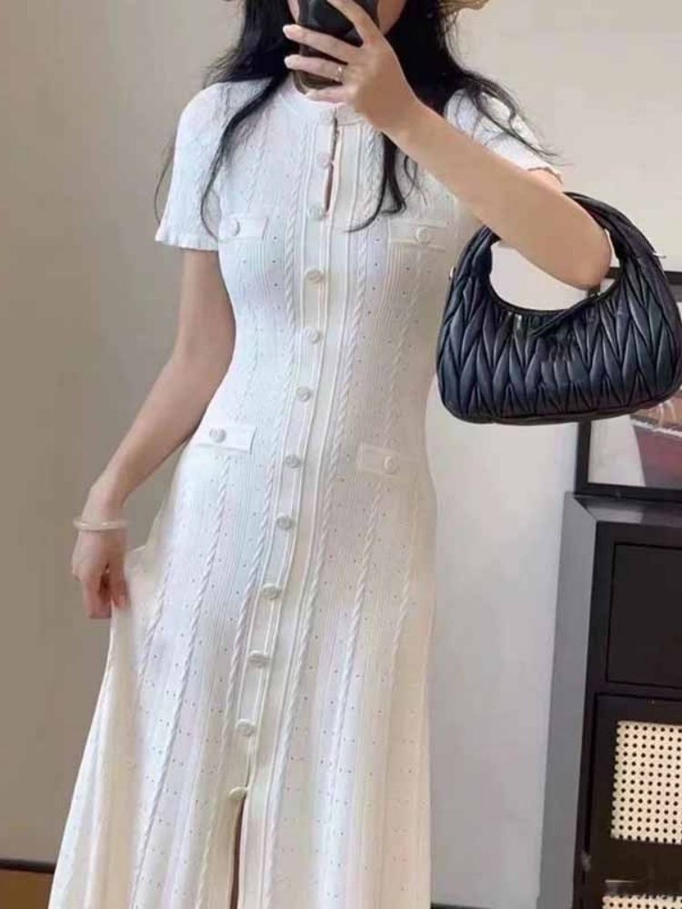 Elegant French Style Knitted Dress Short Sleeved Ruffled Trim Single Breasted Slim Fit Long Skirt For Women_ecoleips.com