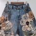 2025 Summer New Niche Lace Flower Stitching Drawing Hole Rhinestone Back Elastic Waist Trendy Cool Denim Shorts_ecoleips.com
