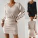 Ribbed Velvet Bodycon Dress – V-Neck Long Sleeve Wrap Waist Mini Dress In Black & Beige_ecoleips.com