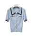 Women's Blue Collared Short Sleeved T-Shirt Color Block Knitwear Spring Summer Fashion Top_ecoleips.com