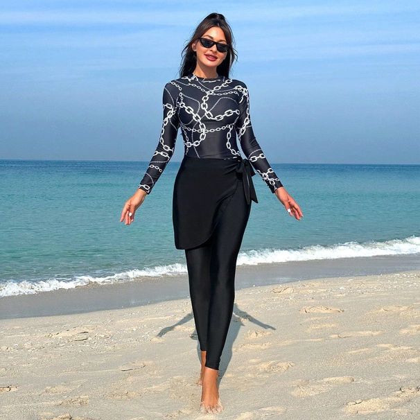 Women's Clothing Printed Slim Fit Long Sleeve Surfing Swimwear Women's Sporty Conservative Outfit With Skirt And Long Pants Polyester Fabric_ecoleips.com