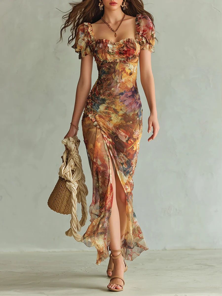 Elegant V-Neck Wrap Dress With Floral Hem – Feminine & Flowy Spring Dress For Women_ecoleips.com
