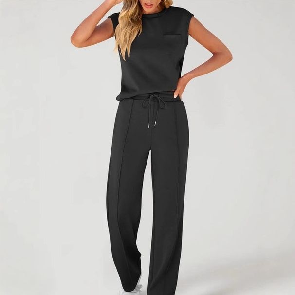K Casual Set Solid Color New Product Sleeveless Top High Waist Wide Leg Pants Women's Two Piece Set_ecoleips.com