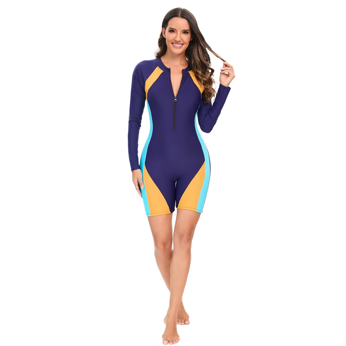 Women's Long Sleeve Zipper One Piece Swimsuit Cross Border European American Style Diving Surfing Suit Bikini Swimwear_ecoleips.com
