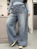 American-style Blue Wide-leg Extra-long Floor-length Ripped Loose-fit Casual Jeans For Women_ecoleips.com