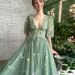 Green Tulle Evening Gown Floor Length V Neck Floral Print Puff Sleeves Sexy Long Dress Style Ball Dress_ecoleips.com