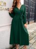 Women's Elegant Crossover V Neck Pleated Dress Autumn/Winter Long Skirt Clothing_ecoleips.com