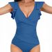Women's Clothing Solid Color Splicing Ruffled One Piece Swimsuit Triangle Gathered Deep V Swimsuit_ecoleips.com