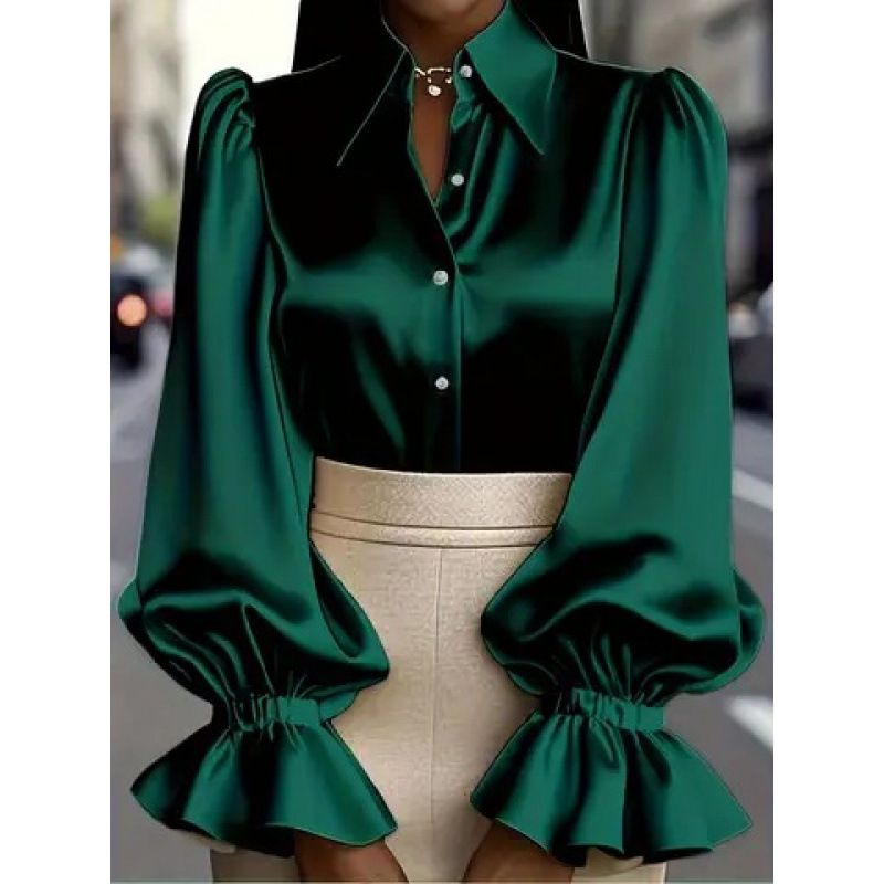 Elegant Women's Satin Shirt Long Sleeved Collared Puff Sleeve Solid Color_ecoleips.com