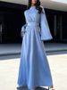 Lady Fashion High Waist Beading Design Long Dress Spring Elegant O Neck Solid Evening Dress Womens Long Sleeve A-Line Maxi Dress_ecoleips.com