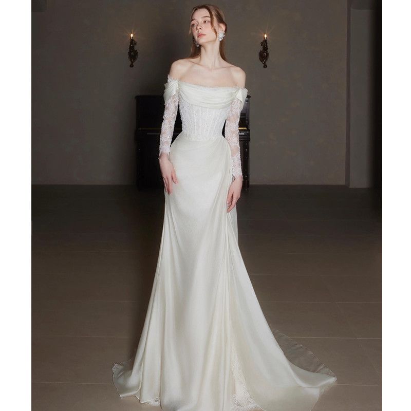 Women's Clothing Style Off The Shoulder Light Lace Wedding Dress White Slimming Short Train Bridal Reception Dress_ecoleips.com