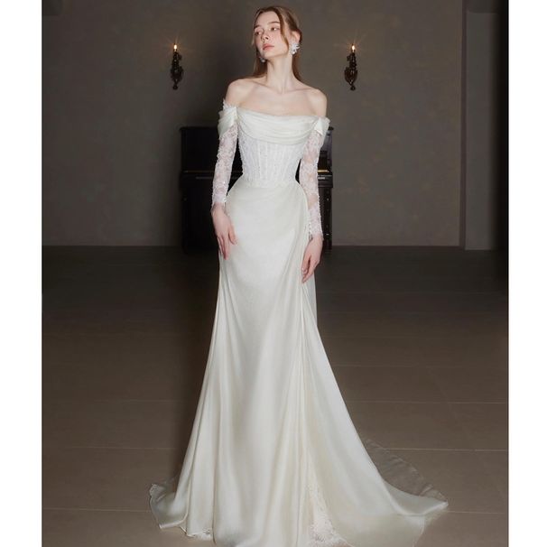 Women's Clothing Style Off The Shoulder Light Lace Wedding Dress White Slimming Short Train Bridal Reception Dress_ecoleips.com