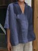 2025 Spring Summer V-neck Cotton Linen Versatile Solid Color Plus Size Loose Mid-sleeve Women's Shirt_ecoleips.com