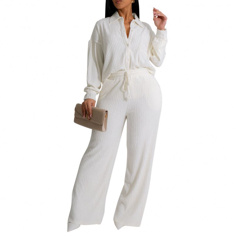 Women's Two Piece Set Long Sleeved Pleated Casual Shirt With Elastic Waist And Straight Leg_ecoleips.com