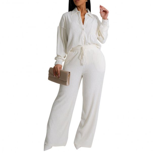 Women's Two Piece Set Long Sleeved Pleated Casual Shirt With Elastic Waist And Straight Leg_ecoleips.com