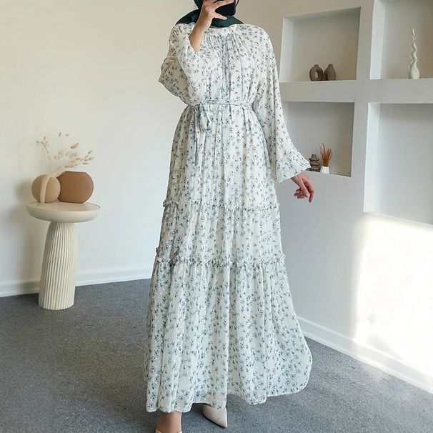 Muslim Dress Women Floral Print Chiffon Maxi Dress With Belt – Elegant Modest Dress For Women (Light Blue, S-Xxl, Breathable & Flowery)_ecoleips.com