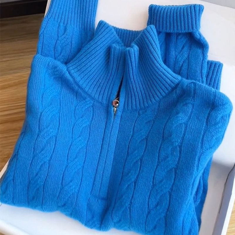 Klein Blue Semi-Zip Cable Knit Sweater For Women – Oversized Pullover, Soft Yarn, Timeless Comfort (One Size Fits 80-130 Lbs)_ecoleips.com