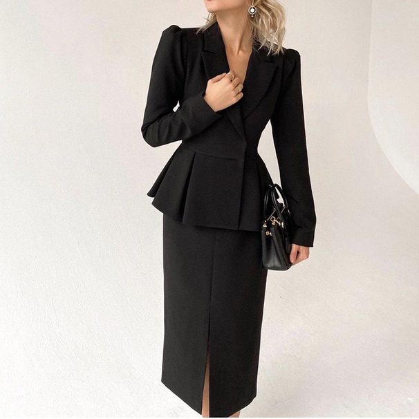Women's Clothing New Fashion Waist Slim Fit Hip Suit Collar Solid Color Long Sleeve Professional Suit Dress_ecoleips.com