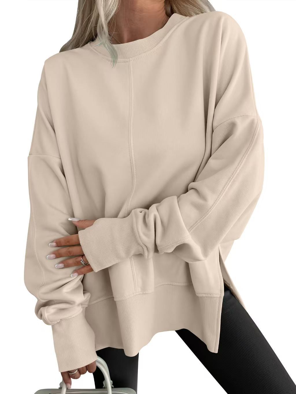 Loose Sweatshirt With Side Slit, Round Collar, Bat Sleeves, And Fleece-Lined Top_ecoleips.com