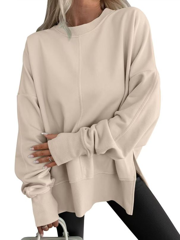 Loose Sweatshirt With Side Slit, Round Collar, Bat Sleeves, And Fleece-Lined Top_ecoleips.com