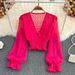 French V Neck Crossover Slim Fit Chiffon Blouse Women's Polka Dot Puff Sleeve Casual Top Waist Cinching Short Style Spring Autumn_ecoleips.com