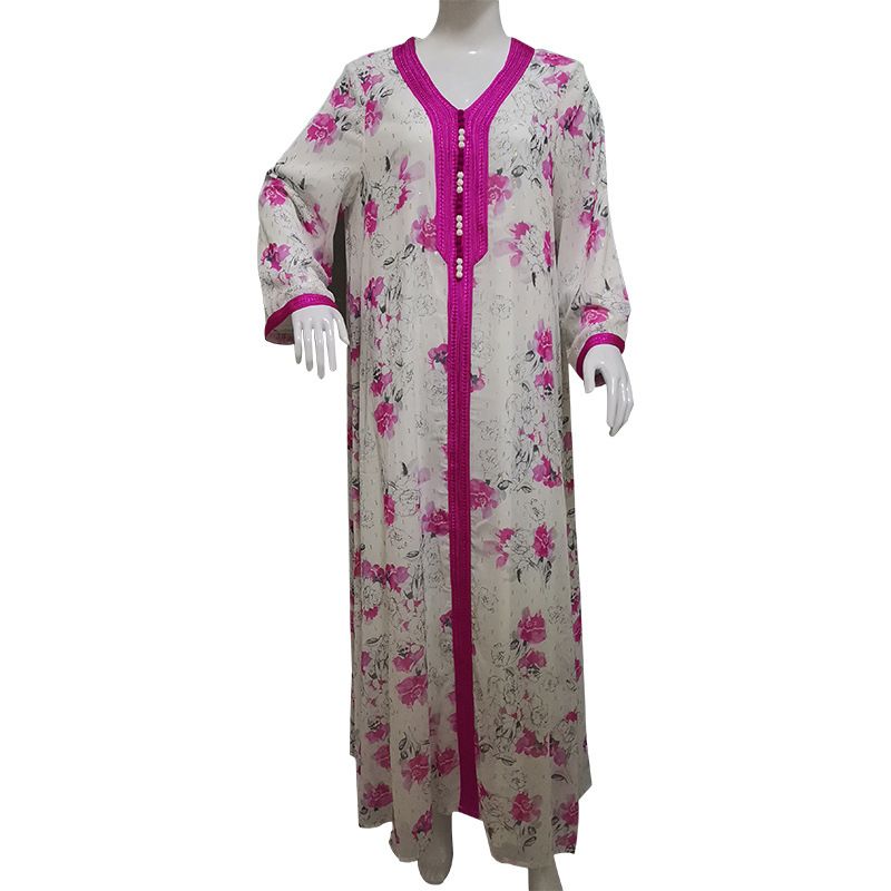 Women's Arab Muslim Gold Silk Chiffon Printed Abaya Ethnic Style_ecoleips.com
