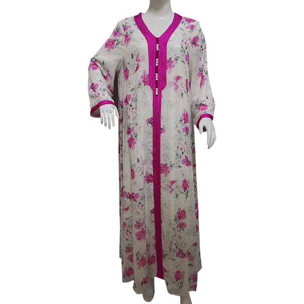 Women's Arab Muslim Gold Silk Chiffon Printed Abaya Ethnic Style_ecoleips.com