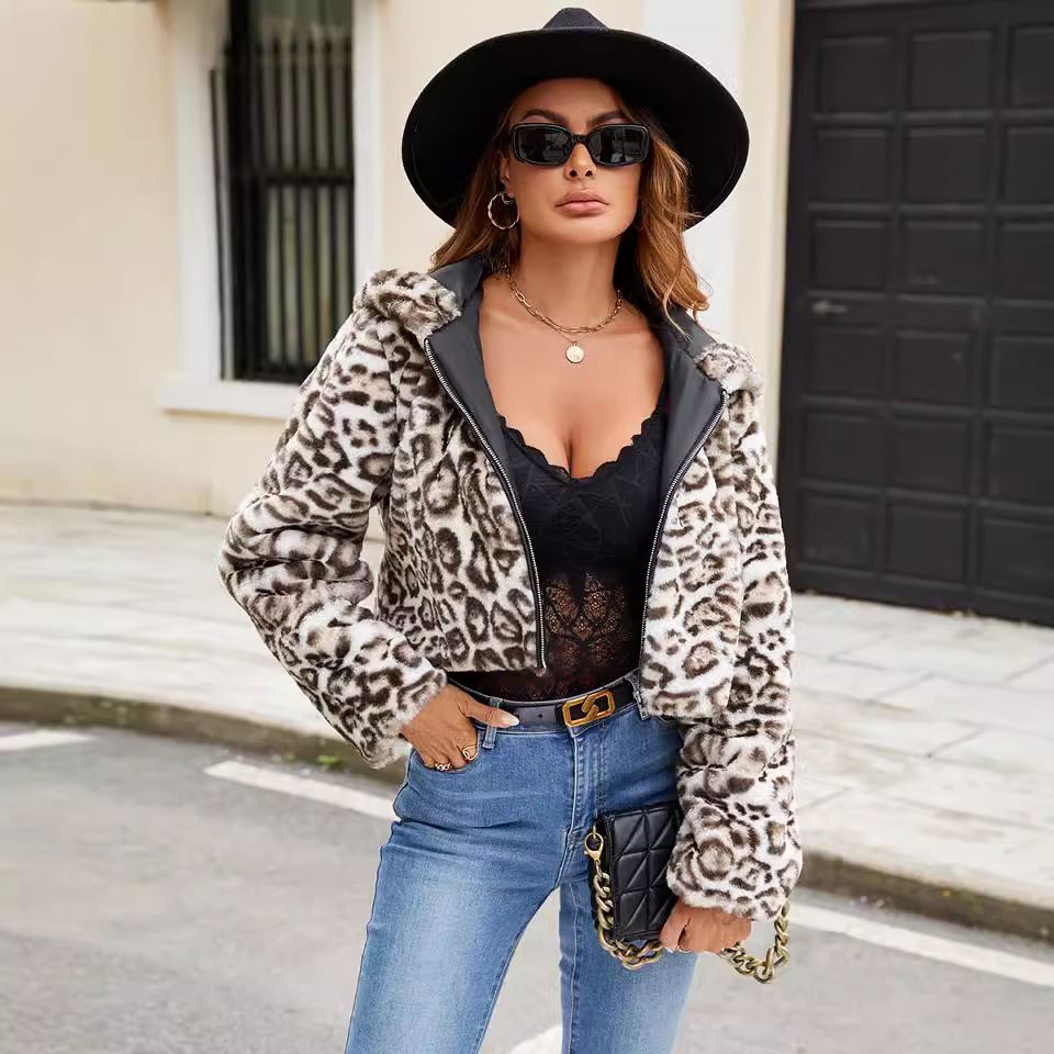 Fashion Hooded Faux Fur Leopard Print Coat – Plush Short Jacket For Women, Winter & Autumn Style_ecoleips.com