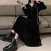 French Vintage Black Dress Autumn And Winter Hepburn-Style Velvet V-Neck Niche Slimming Temperament Long Skirt_ecoleips.com