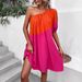 Women's Summer Resort Style Color Block One Shoulder Dress Single Sleeve Loose a Line Midi Skirt_ecoleips.com