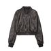 Vintage Inspired Stand Collar Relaxed Fit Aviator Jacket For Women, Casual Loose Outerwear, Polyester Blend, Black & Dark Brown_ecoleips.com