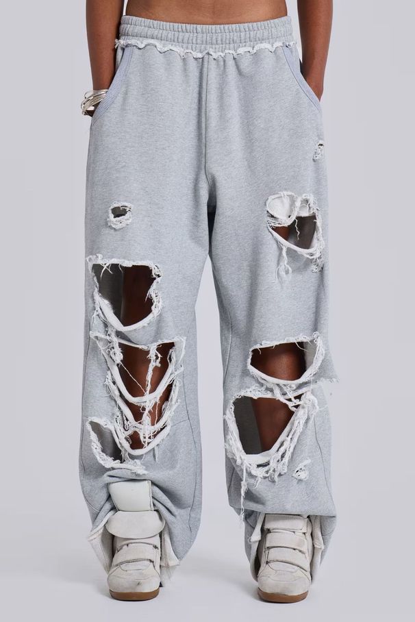 Heather Gray Distressed Ripped Sweatpants For Women, Loose Wide Leg Casual Joggers With Frayed Holes, High Waist Baggy Streetwear Trousers For Daily W_ecoleips.com