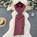 Women's Korean Chic Retro Striped Dress Polo Collar Short Sleeved Fitted Waist Elegant Slit Midi Skirt Summer Style Niche_ecoleips.com