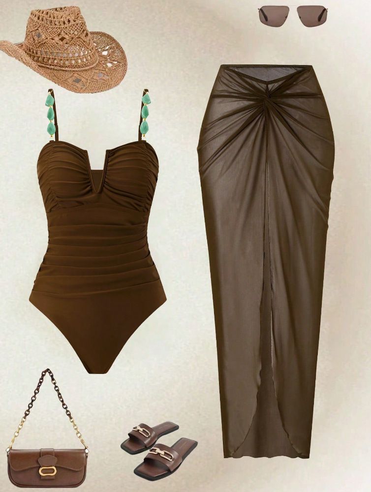 Elegant One Piece Swimsuit Long Dress Slimming Stylish Beachwear for Women_ecoleips.com