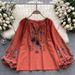 Women's Bohemian Style Vintage Embroidered Print Long Sleeve Shirt Top Loose Casual French Chic Doll Style_ecoleips.com