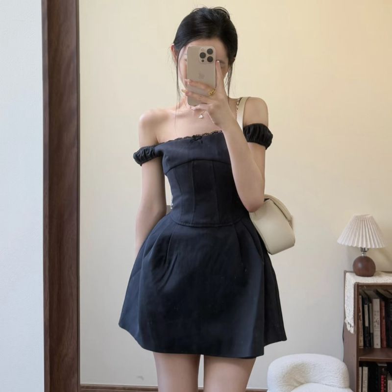 French Style High-End Dark Gray Off-Shoulder For Women, New Summer Design, Elegant Slim Waist Short Dress_ecoleips.com