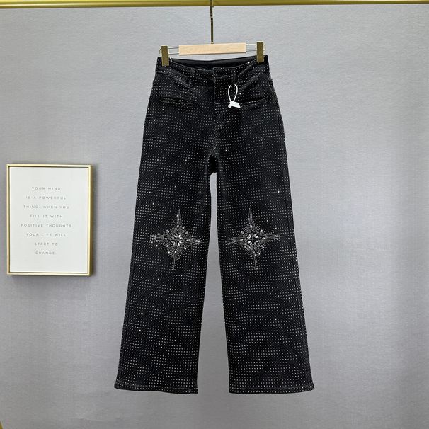 Women's High-Waisted Rhinestone Embellished Denim Jeans Heavy Duty Loose Fit Slimming Wide Leg Trousers European Style Trendy 2026 Spring Autumn_ecoleips.com