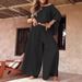 K Solid Color Casual Pants Loose Round Neck Off Shoulder Top Women's Set. No Necklaces Or Other Accessories_ecoleips.com