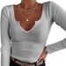 Women's Solid Color Ribbed Long Sleeve T-Shirt Casual Fashion U-Neck Top American Style Spring Winter Spicy_ecoleips.com