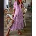 Casual Sweet Loose V-neck Print Beard Medium Sleeve Long Dress Women_ecoleips.com