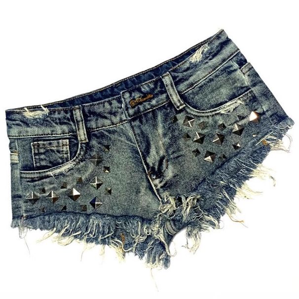 2025s Short Studded Denim Shorts Ultra Low Waist Hot Punk Style Nightclub Women's Pants Frayed Edges Distressed Washed_ecoleips.com