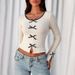Voya New Beige Knitted Long Sleeved Shirt With Butterfly Bow Decoration On The Chest And Striped Temperament, Paired With A Base Shirt For Women's Wear_ecoleips.com